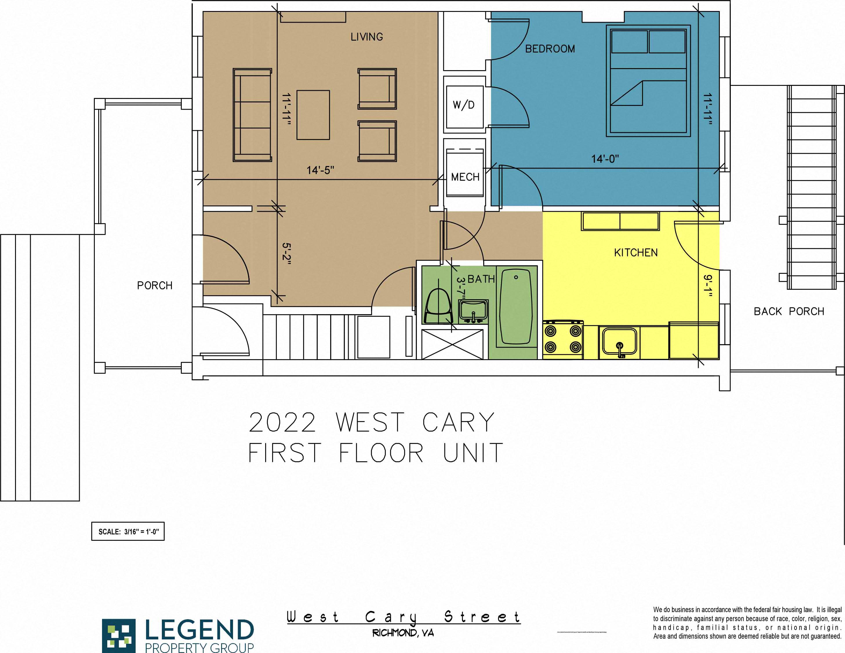 Floor plan for 1 bed, 1 bath, 691 sqft